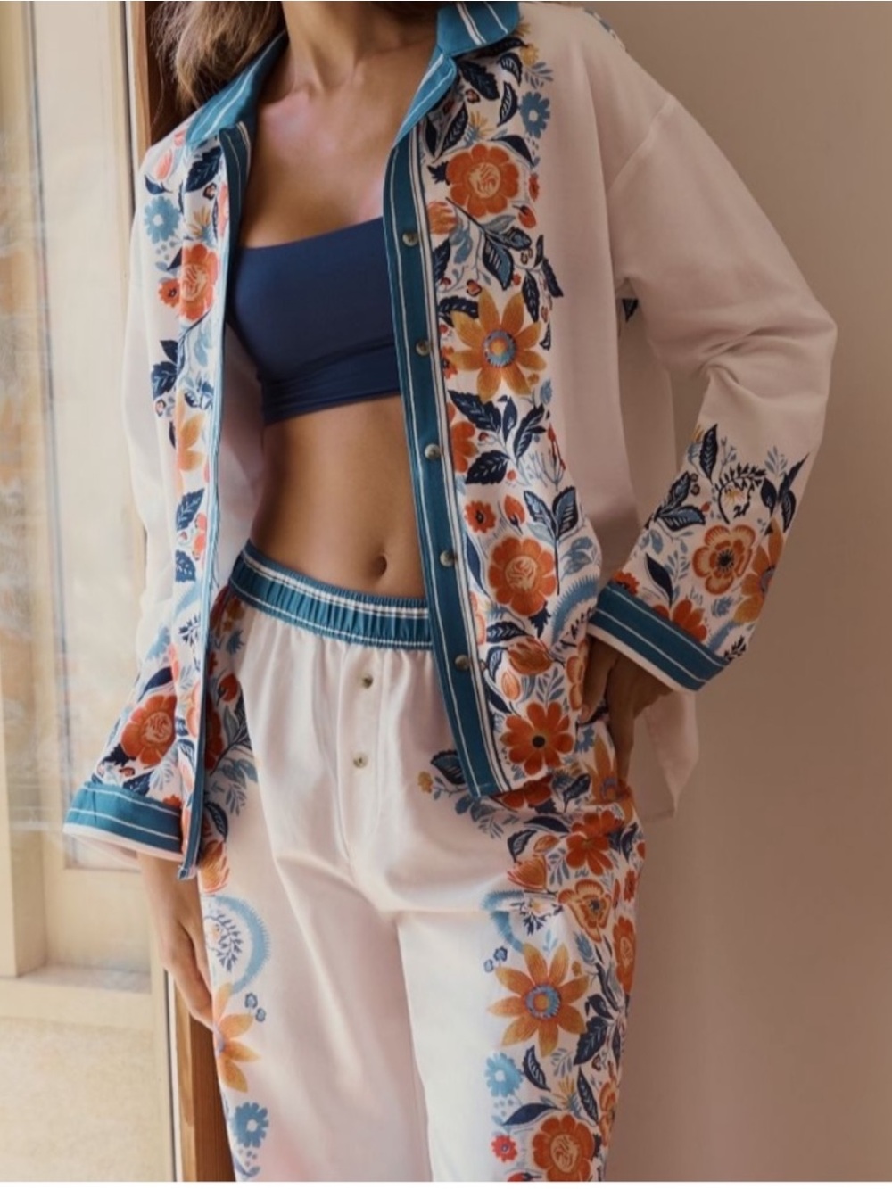 Anthropologie Floral Pajama Button Down Shirt Top White Blue Orange Multicolor S